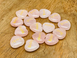 Rose Quartz Heart engraved crystal by GemstoneGO, featuring symbols of love, trust, strength, kindness, peace, and happiness.