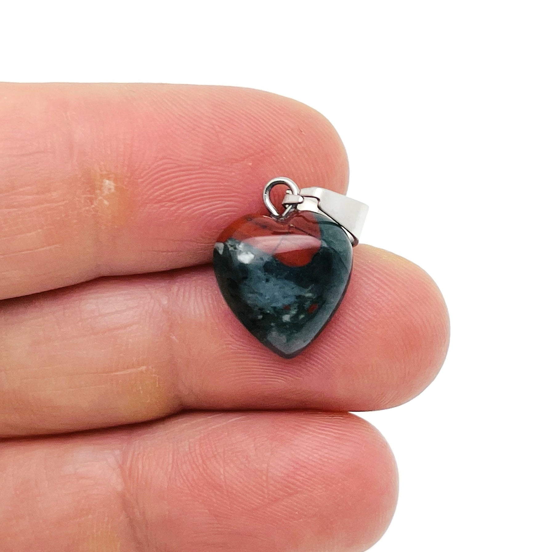 African Bloodstone heart-shaped pendant from GemstoneGO featuring a mini crystal pendant with rich red and green bloodstone details.