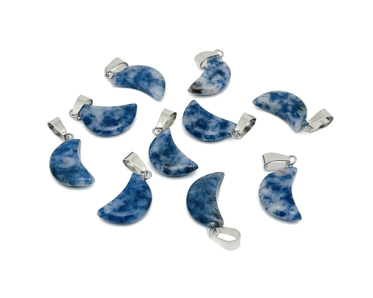Sodalite moon crystal pendant from GemstoneGO, featuring a polished blue and white gemstone with lunar shape for jewelry making.