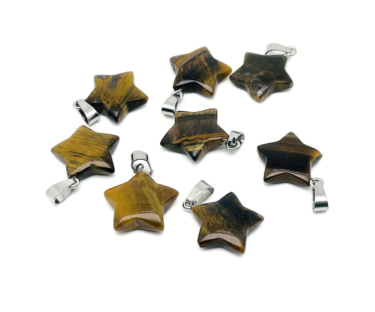Tiger Eye star pendant from GemstoneGO, featuring a polished crystal with a star shape, ideal for jewelry making supplies.