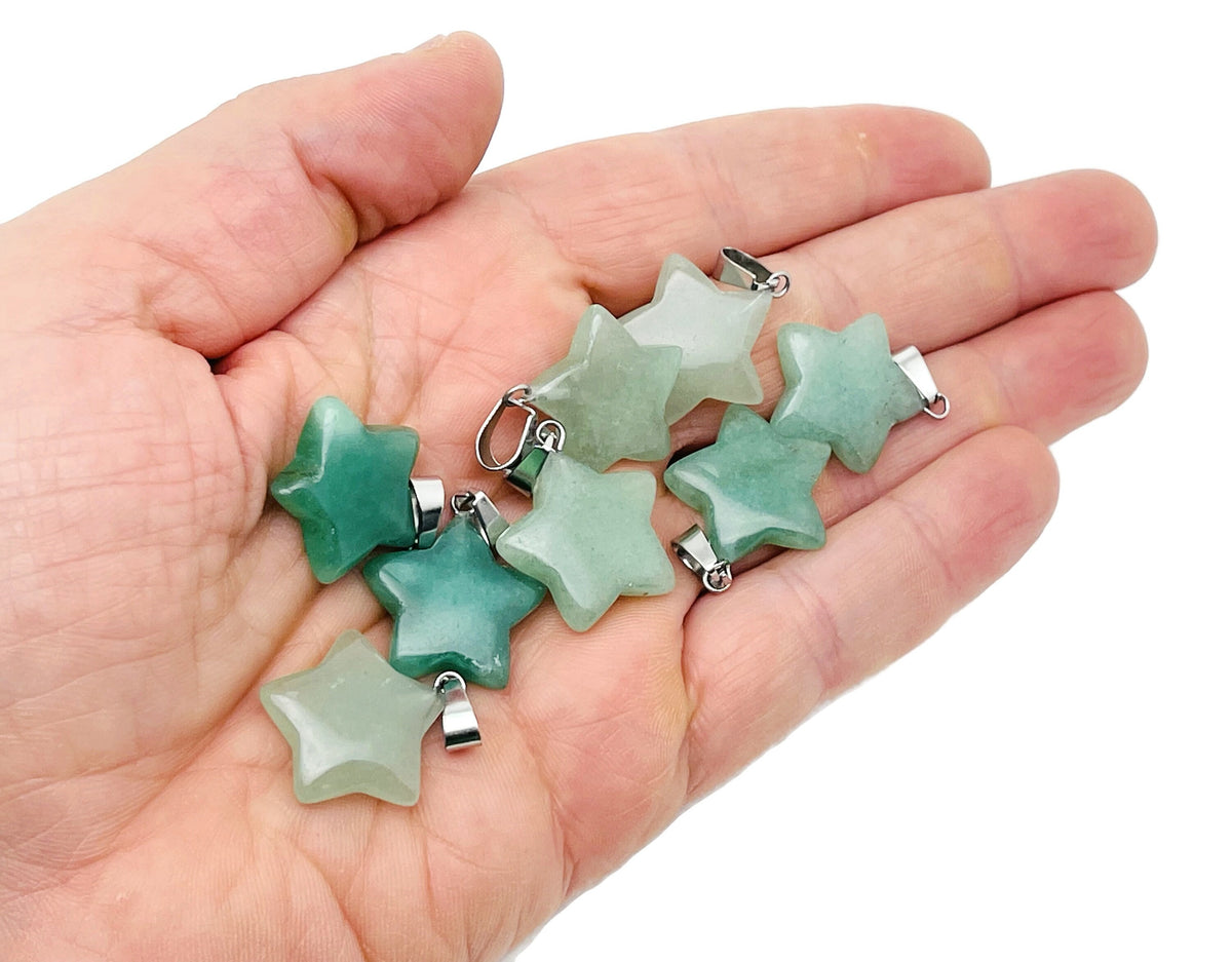Aventurine star-shaped crystal pendant from GemstoneGO, perfect for jewelry making, showcasing its green gemstone and detailed design.
