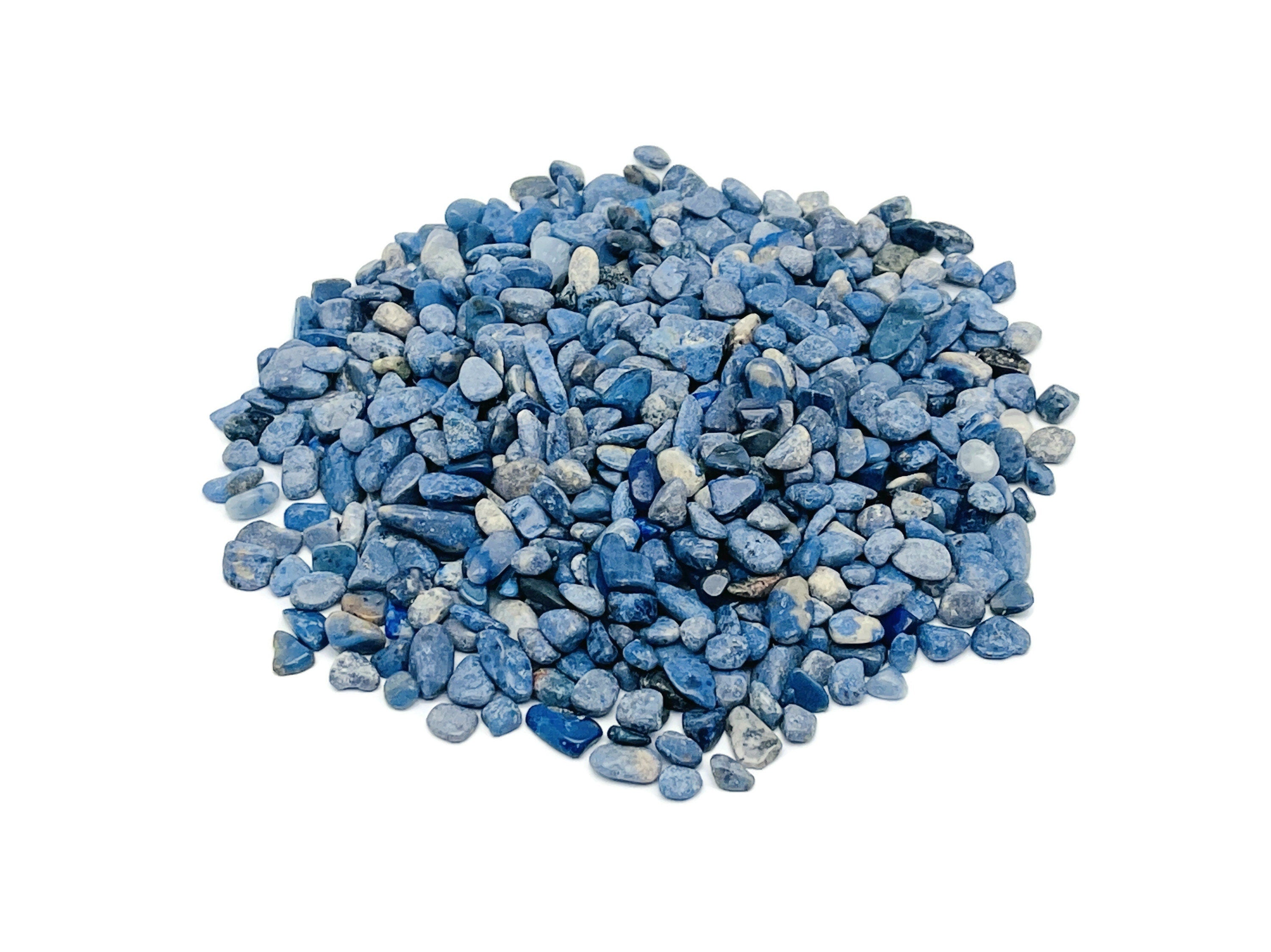 Blue Dumortierite crystal chips, semi-tumbled 5-7mm gemstones, bulk gemstone from GemstoneGO, shown in a close-up image.