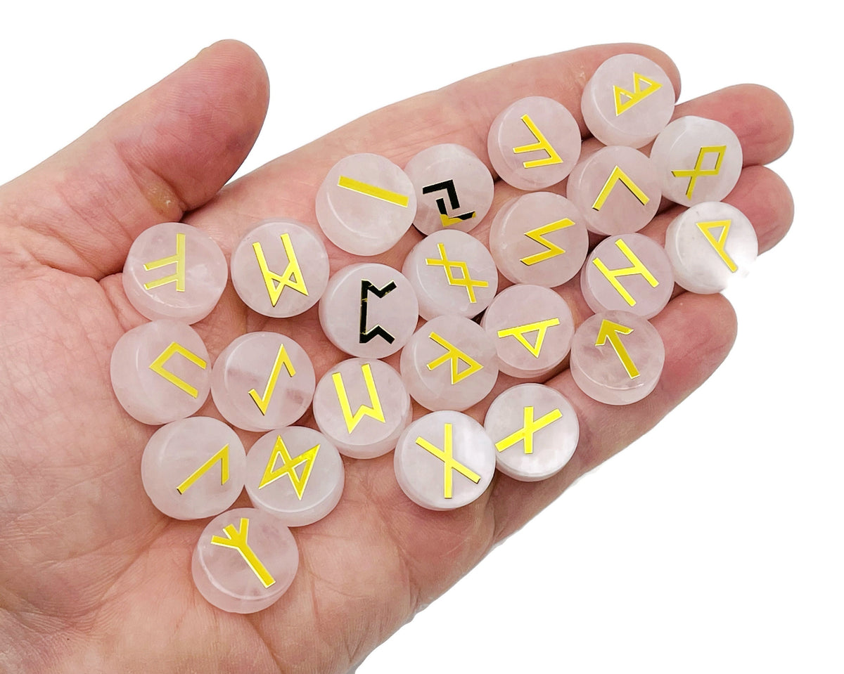 Rose quartz crystal rune stones set with engraved Elder Futhark alphabet, 25-piece gemstone rune kit from GemstoneGO.