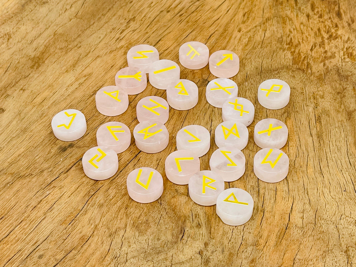 Rose quartz crystal rune stones set with engraved Elder Futhark alphabet, 25-piece gemstone rune kit by GemstoneGO