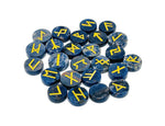 Set of 25 Sodalite crystal rune stones engraved with Elder Futhark alphabet from GemstoneGO, arranged on a neutral background.