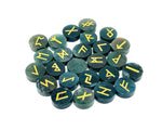 Set of 25 moss agate crystal rune stones engraved with Elder Futhark alphabet, part of GemstoneGO crystal rune kit.
