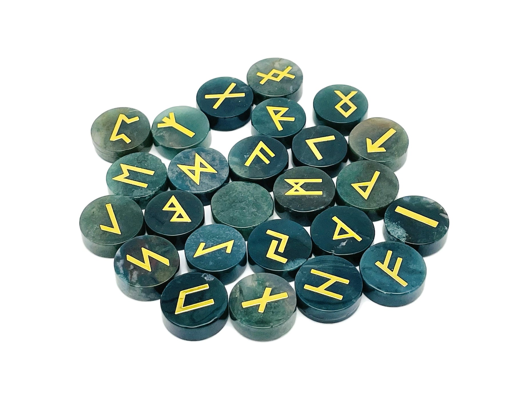 Set of 25 moss agate crystal rune stones engraved with Elder Futhark alphabet, part of GemstoneGO crystal rune kit.
