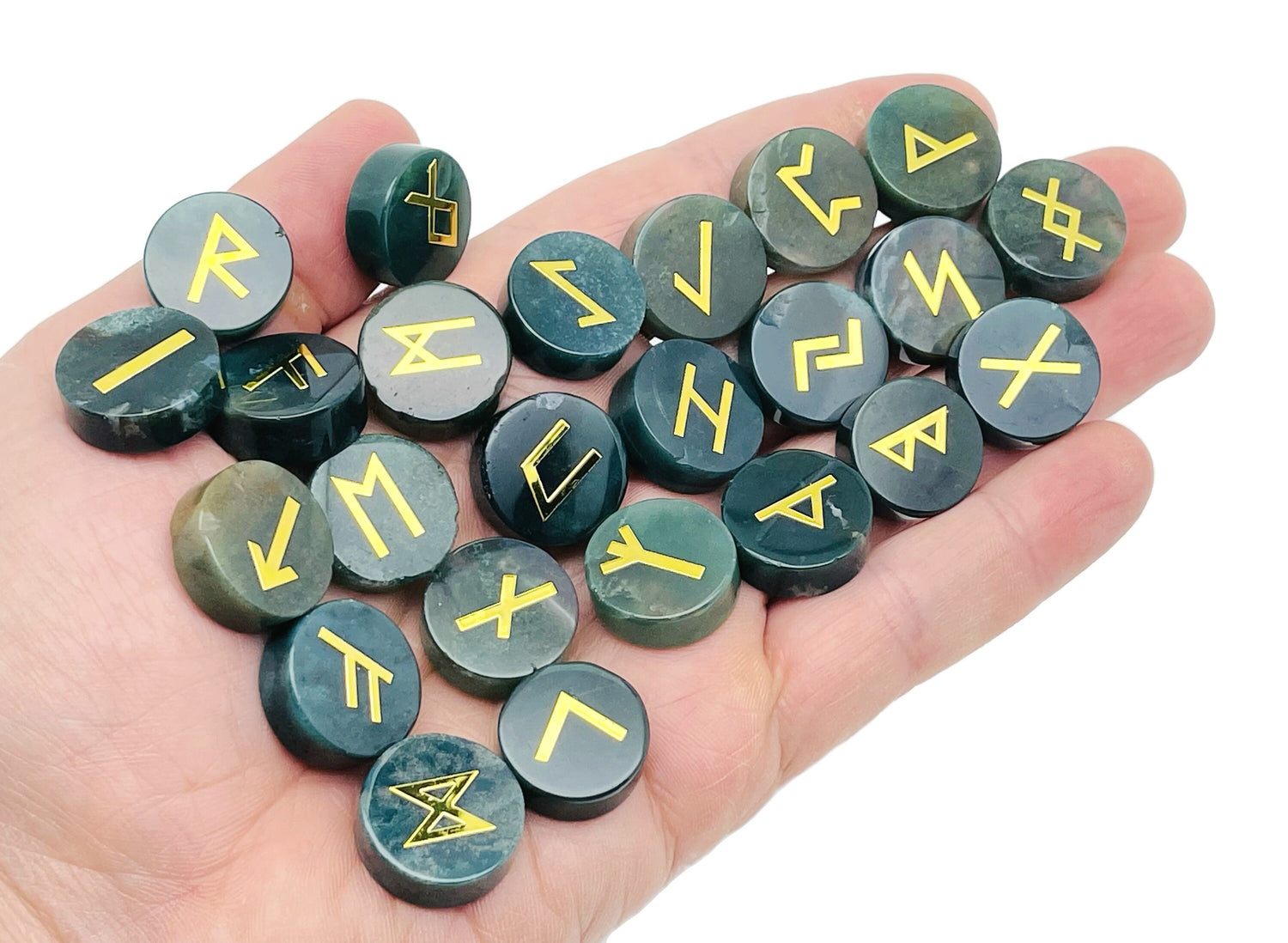 Moss Agate Crystal Rune Stone - Elder Futhark Alphabet Engraved 25 pcs Runes Set - Crystal Kit - RU1007