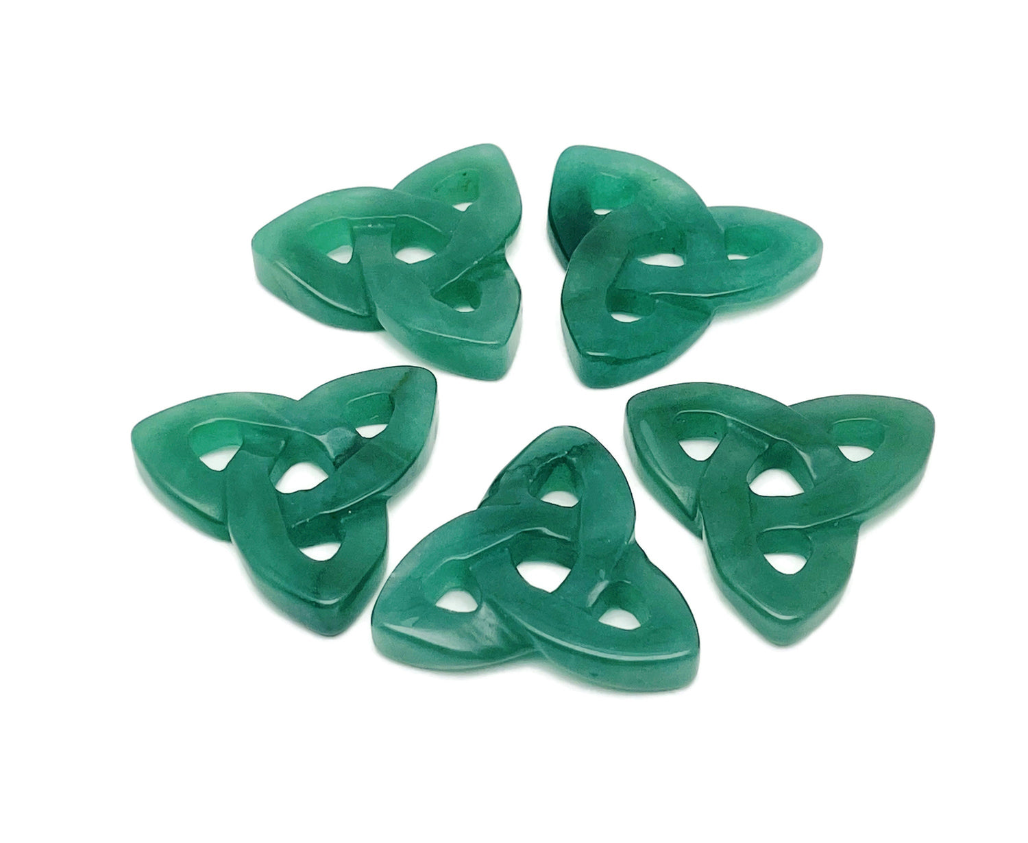 Aventurine Celtic Knot carved gemstone Trinity Crystal from GemstoneGO showcasing intricate knot design and vibrant green color.