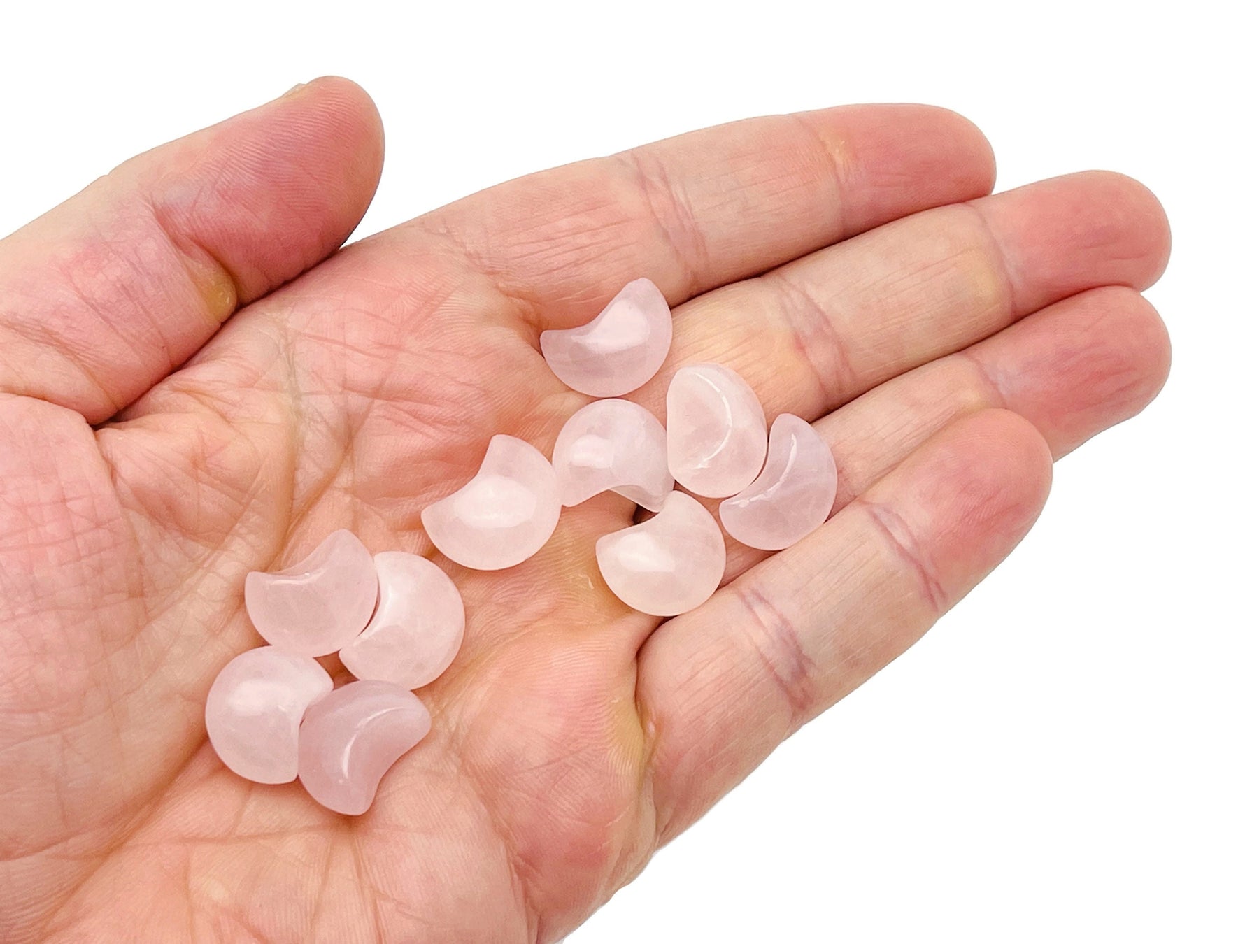 Rose Quartz gemstone moon puffy pendant, 15x9mm, from GemstoneGO featuring a smooth, rounded moon shape in soft pink quartz.