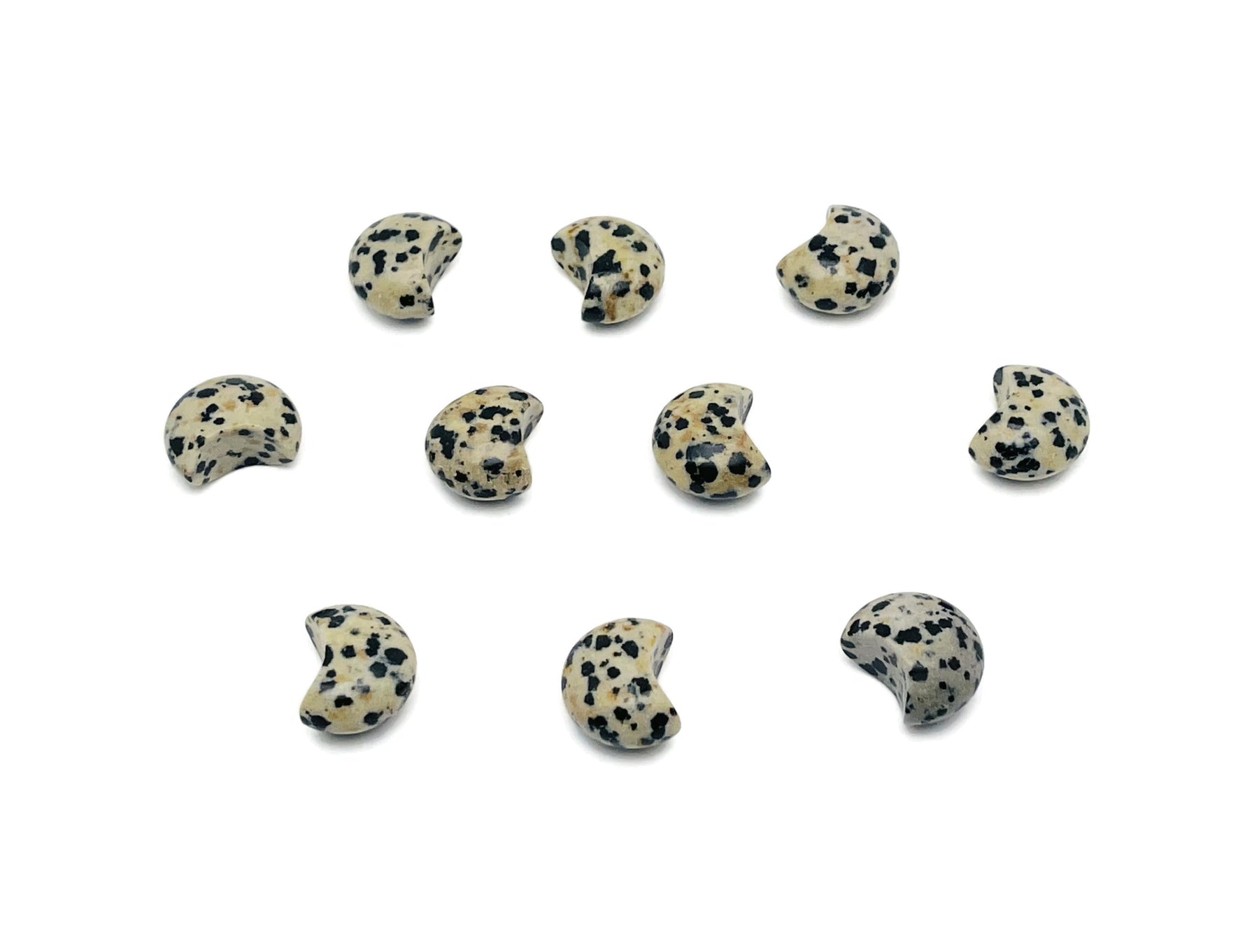 Dalmatian Jasper gemstone moon puffy bead, 15x9mm, from GemstoneGO featuring black spots on creamy beige stone.