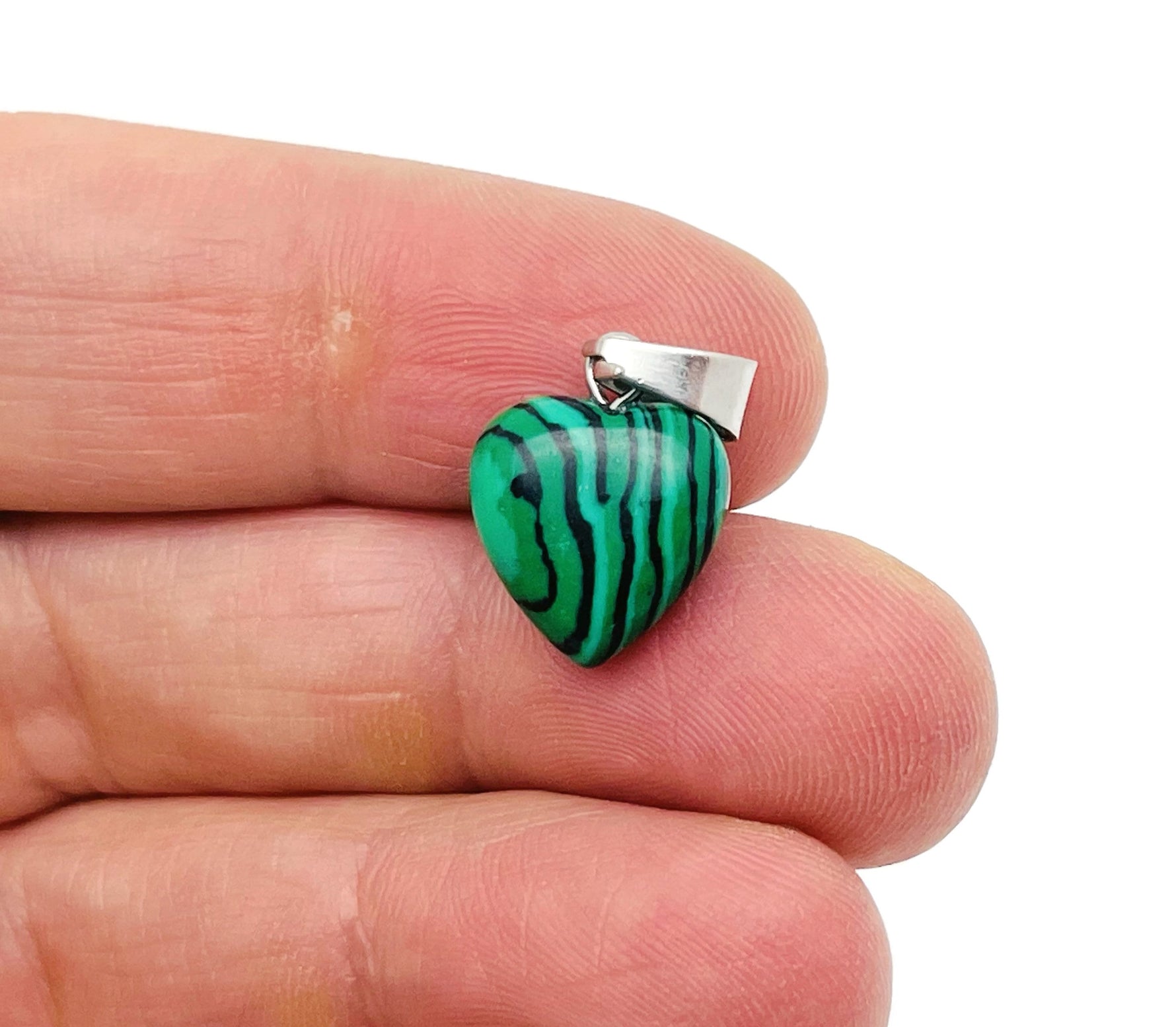 Malachite synthetic heart pendant with mini crystal detail from GemstoneGO, showcasing vibrant green gemstone and delicate design.