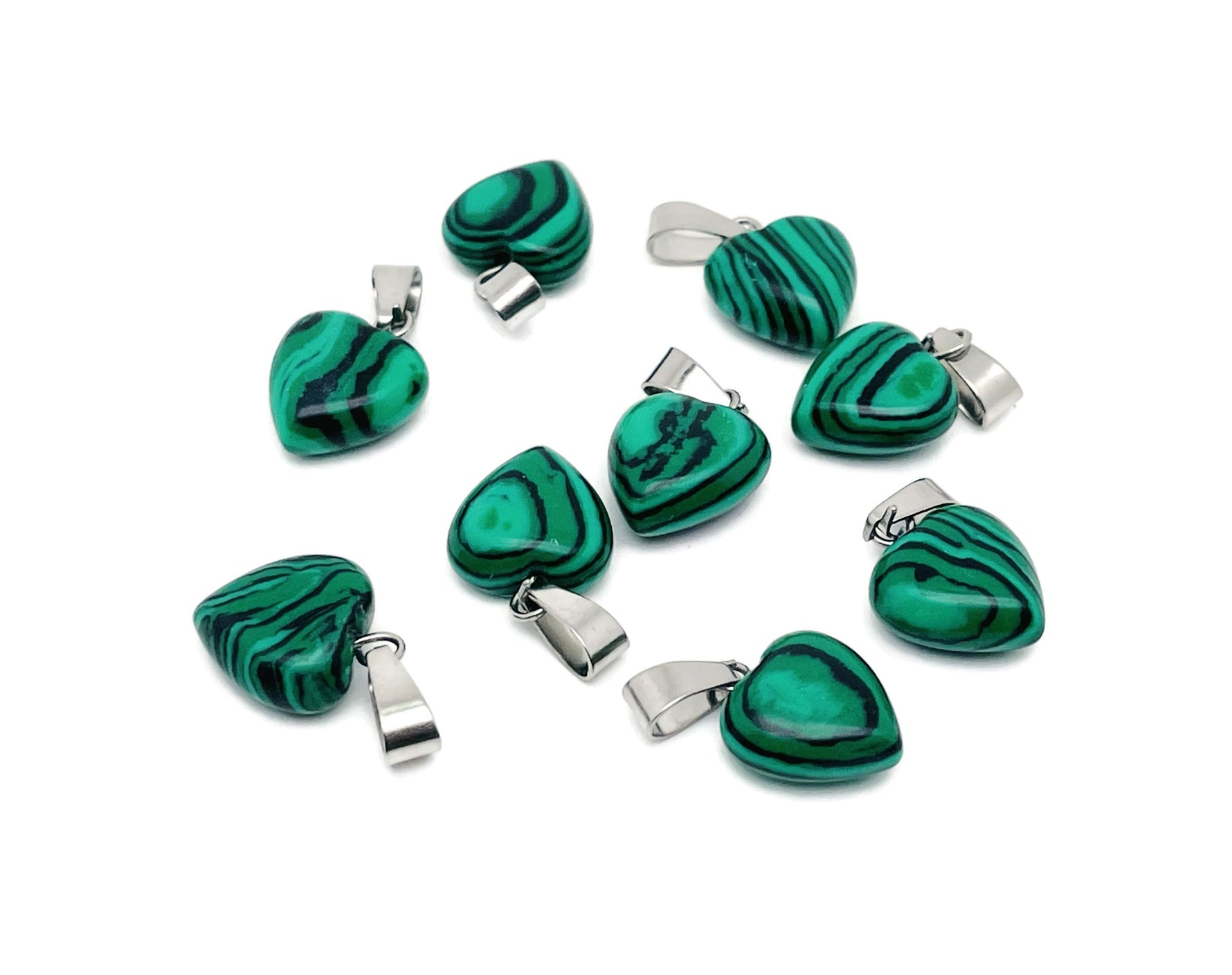Mini synthetic malachite heart pendant with crystal accents from GemstoneGO, showcasing vibrant green stone and detailed craftsmanship.