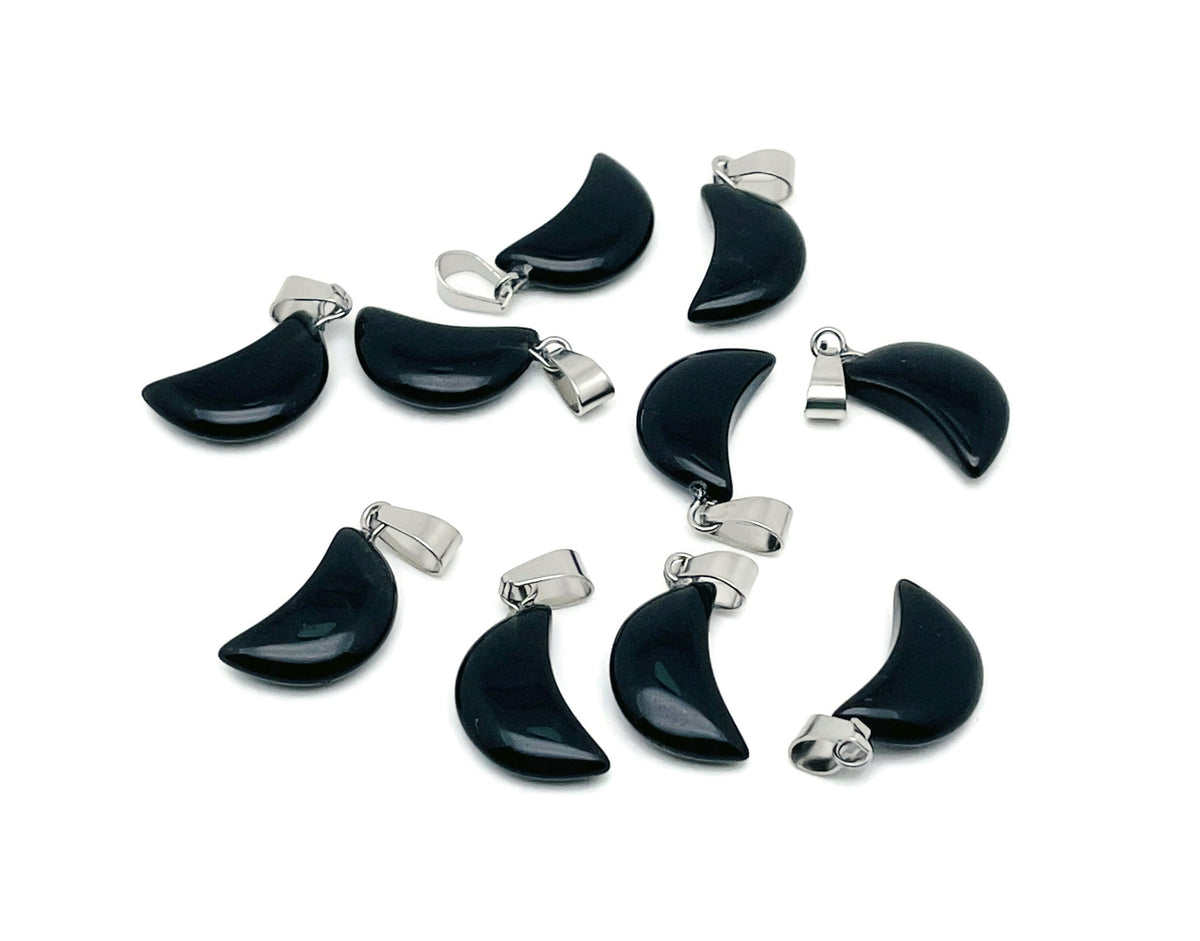 Obsidian moon crystal pendant from GemstoneGO, showcasing a polished black gemstone with moon-shaped design, perfect for jewelry making.