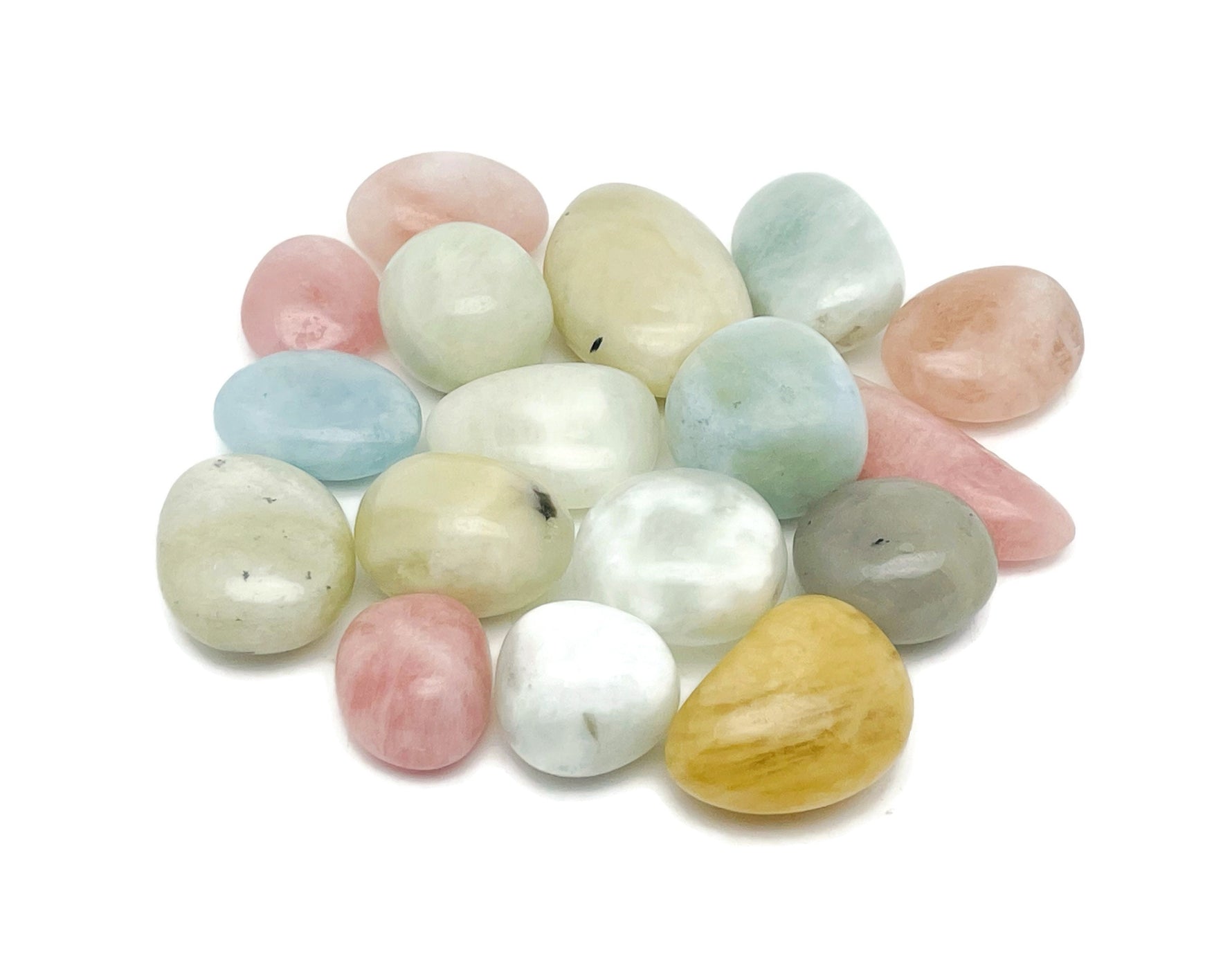 Aquamarine Morganite tumbled gemstone from GemstoneGO, smooth, polished stone showcasing light blue and pink hues.