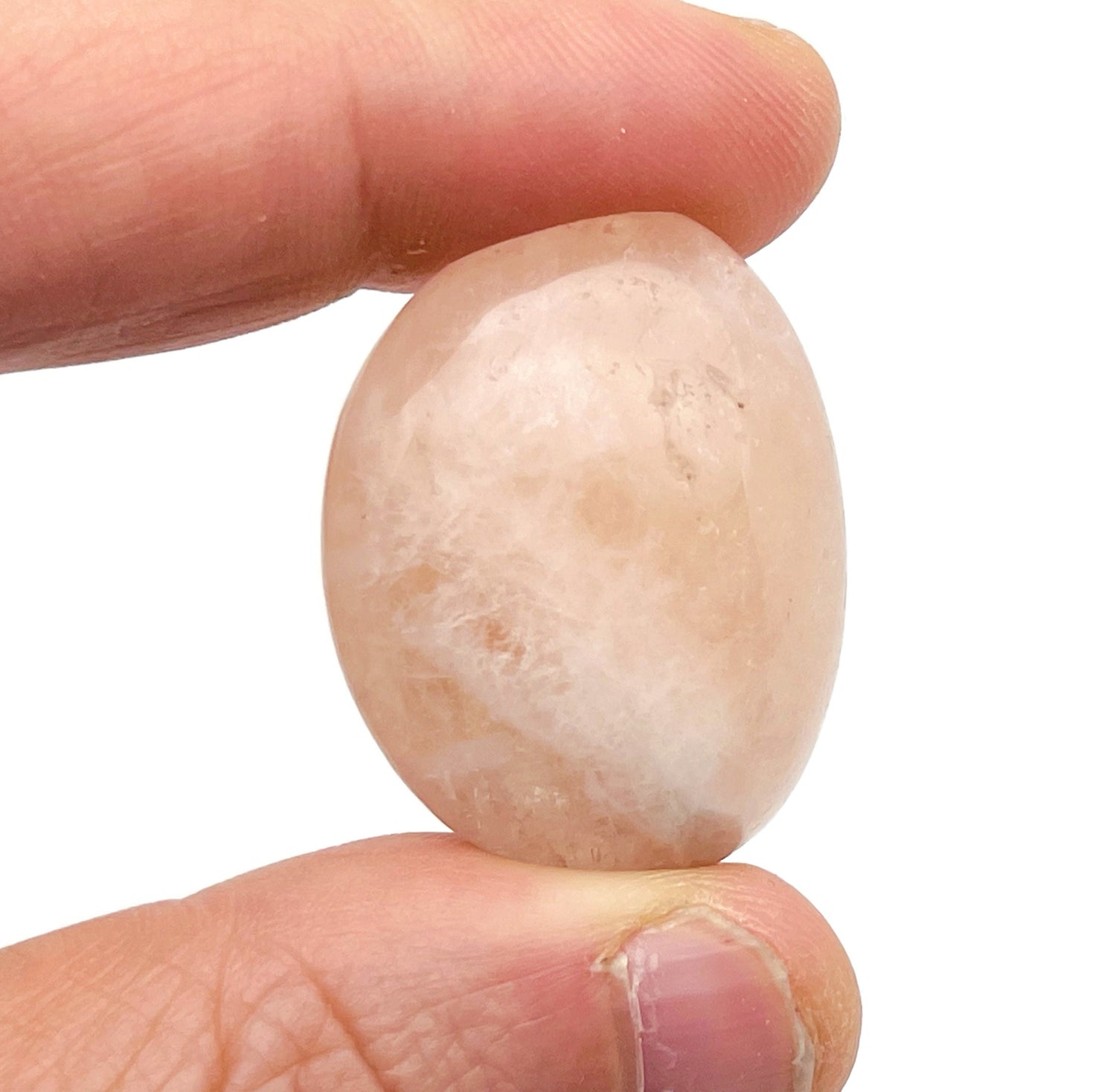 Aquamarine Morganite tumbled gemstone from GemstoneGO, showcasing a smooth, polished pinkish-blue mineral with a natural luster.