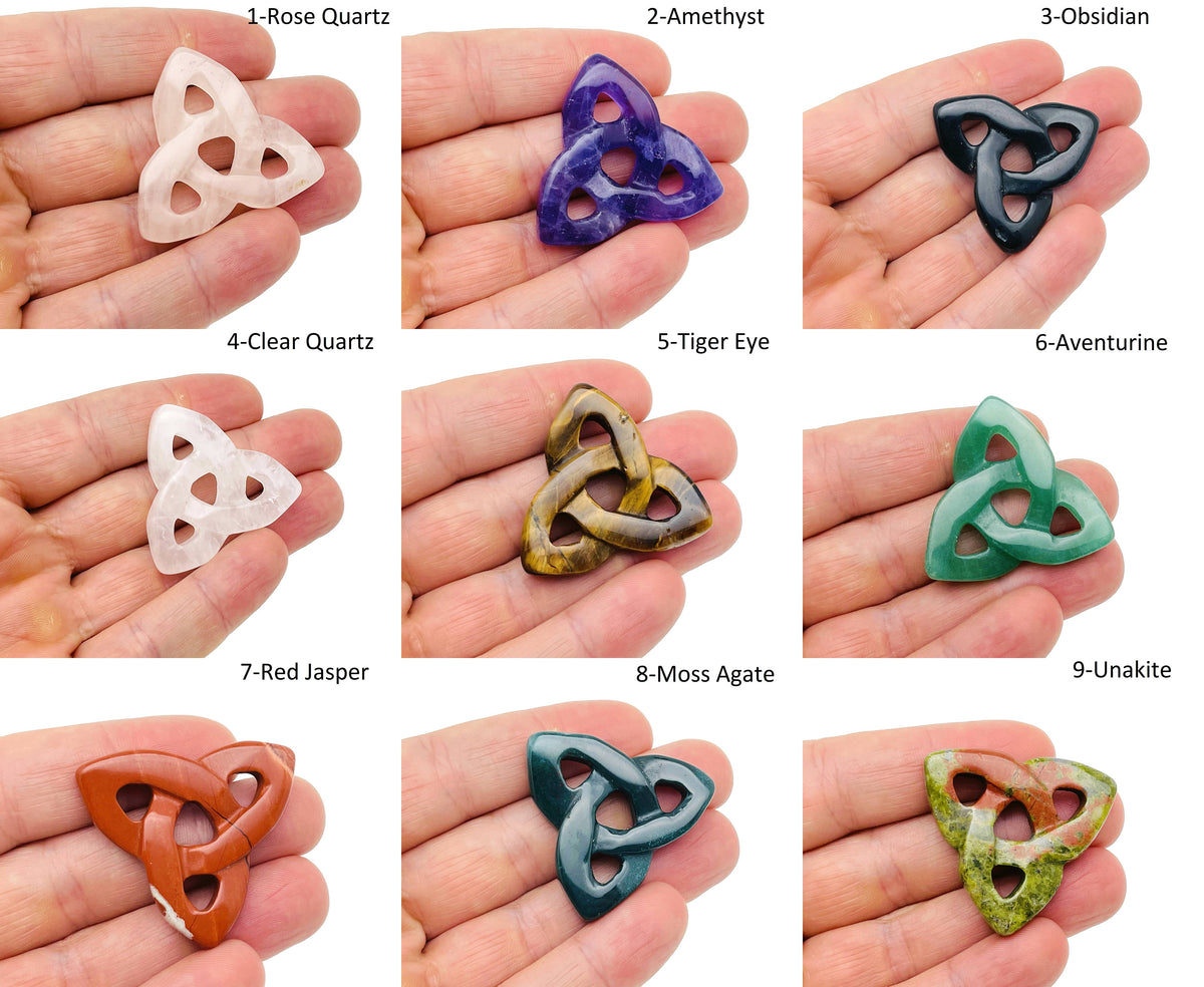 Crystal Celtic Knot carved gemstone pendant with Trinity design, featuring a choice of colorful gemstones by GemstoneGO.
