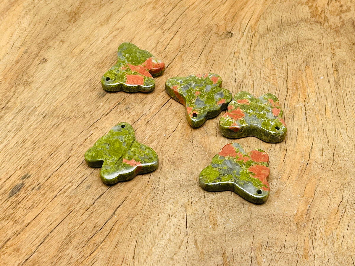 Unakite butterfly gemstone pendant with hole crystal jewelry, showcasing a vibrant green and pink Unakite stone pendant.