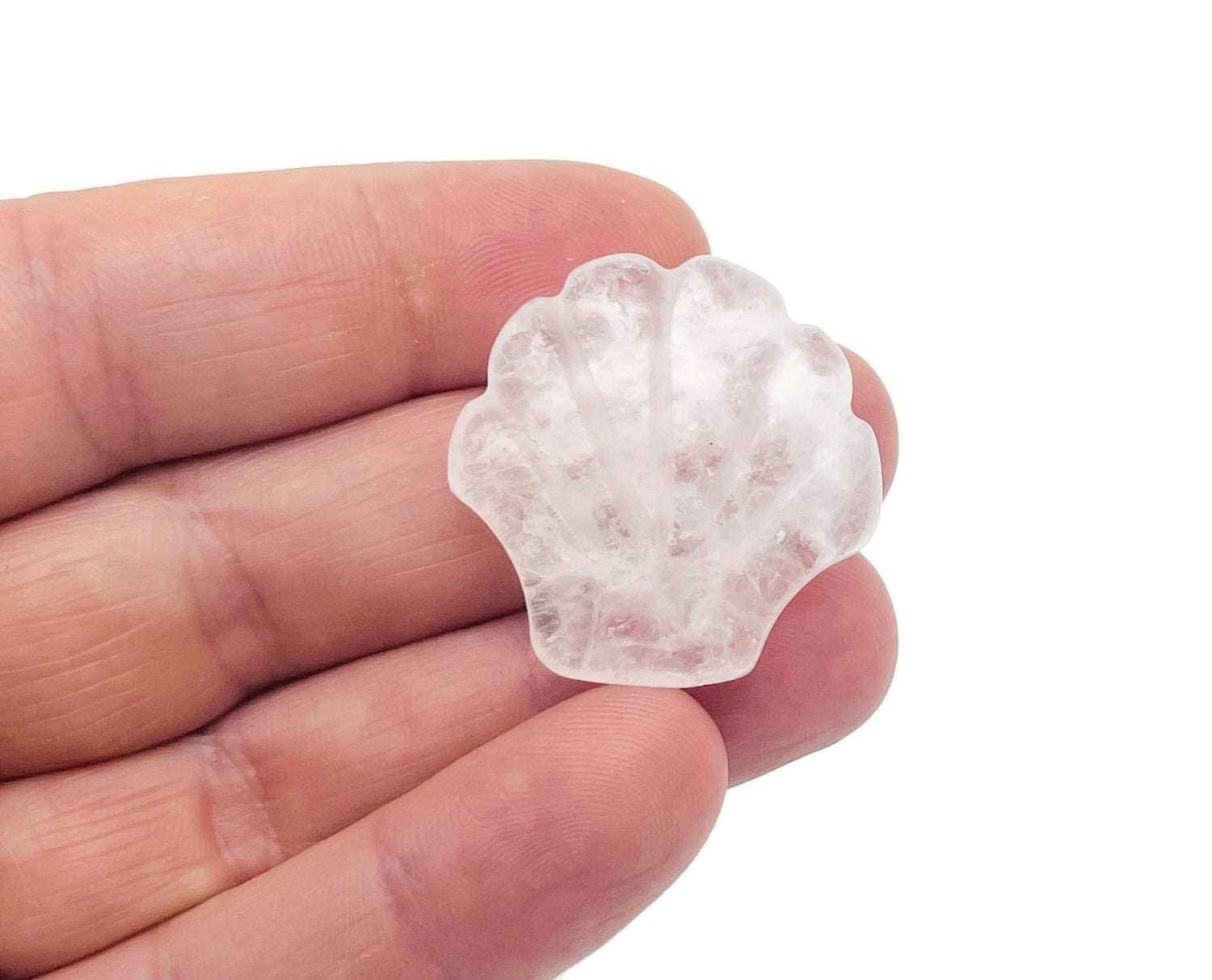 Clear quartz sea shell carving gemstone, 30mm, with intricate shell design, from GemstoneGO, showcasing natural clarity and detailed craftsmanship.