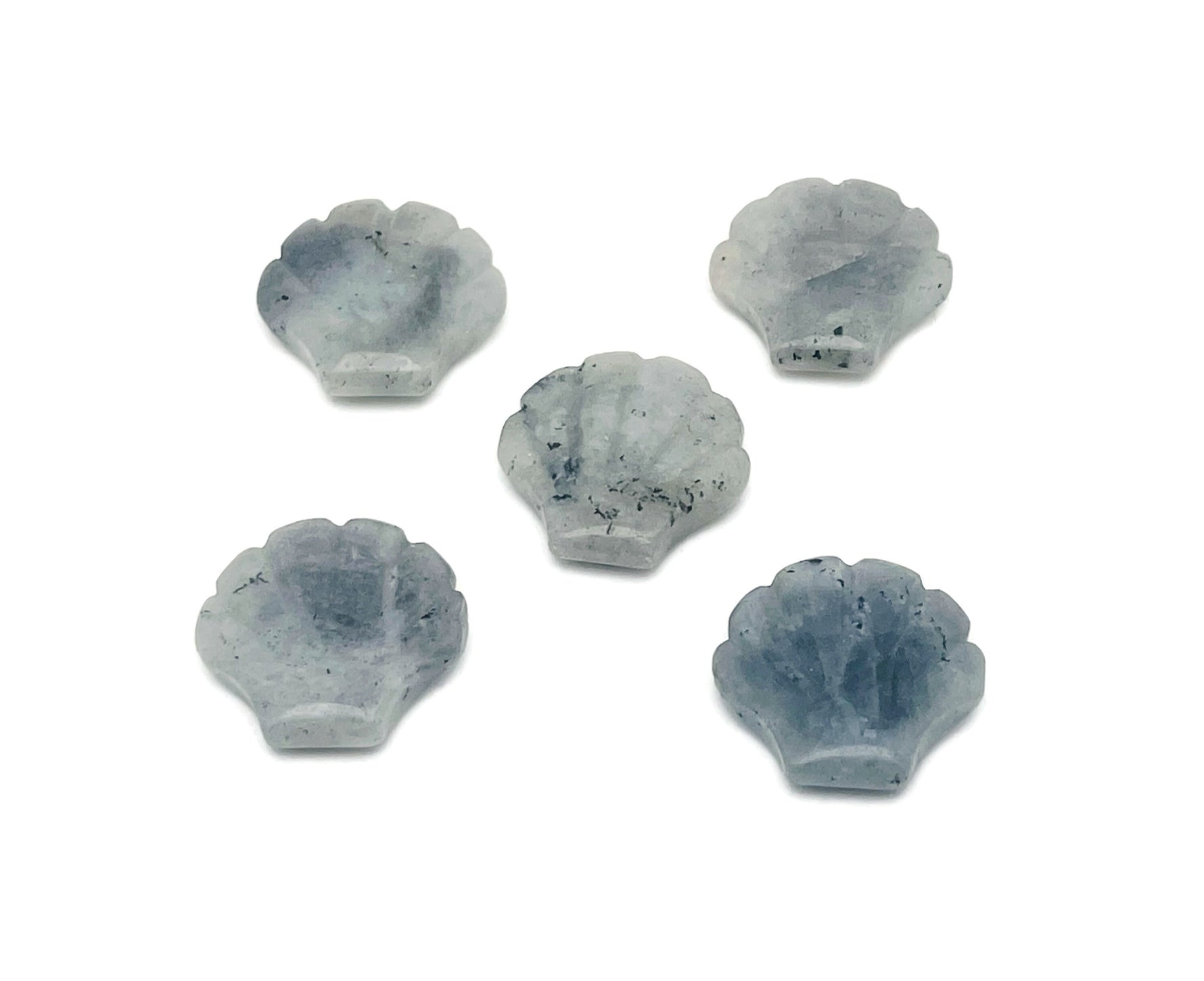 Labradorite sea shell gemstone carving, 30mm, with iridescent blue and green hues, from GemstoneGO.