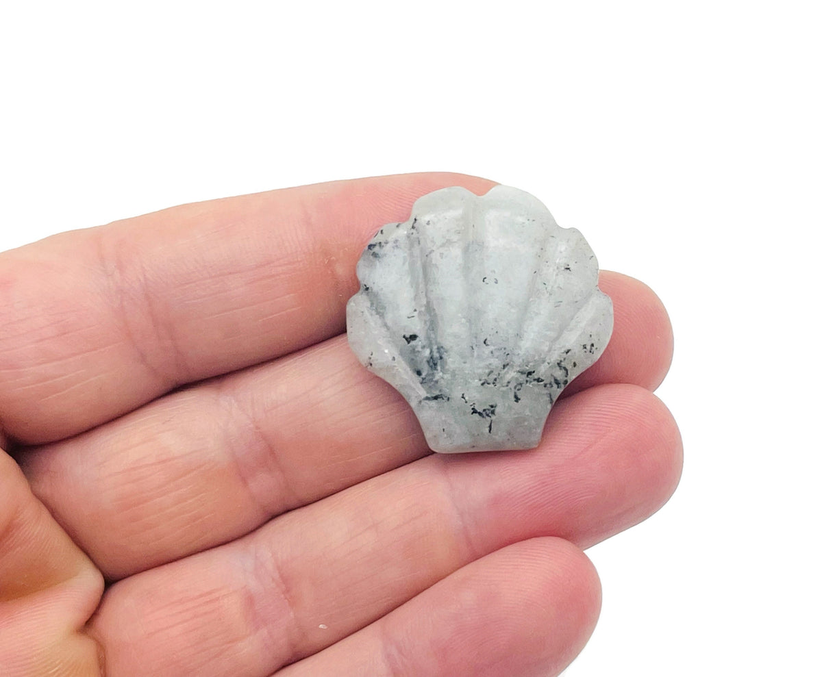 Labradorite sea shell carving gemstone, 30mm, with iridescent blue and gray hues, crafted by GemstoneGO.