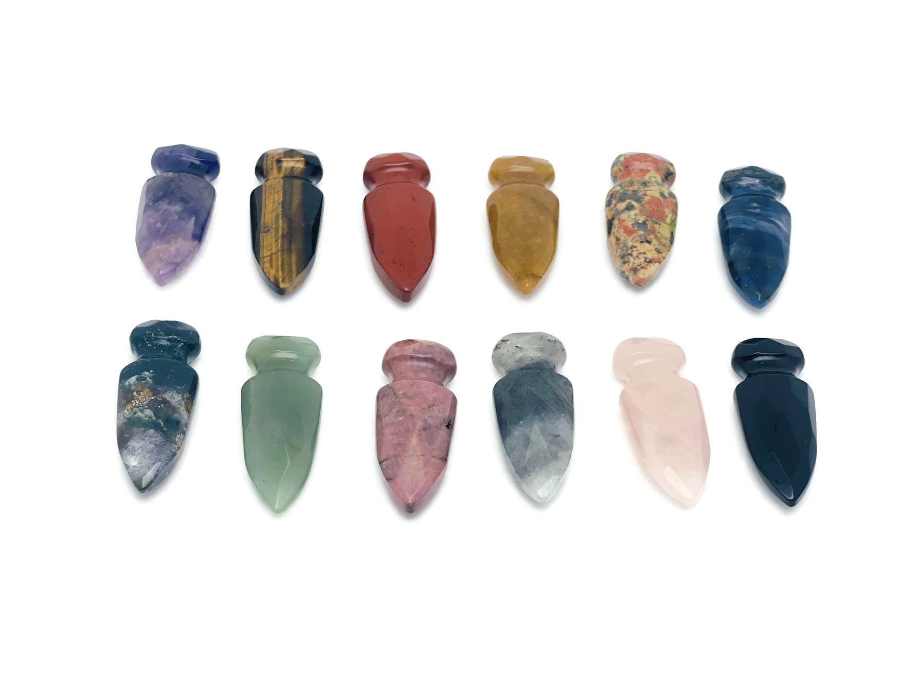 Carved gemstone sword dagger with crystal energy, mineral specimen, 50mm size, featuring colorful mixed gemstones from GemstoneGO.