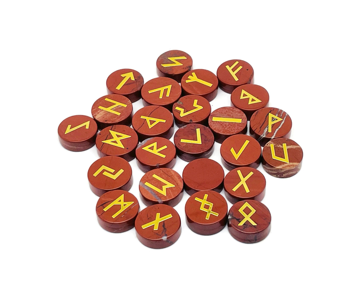 Red Jasper crystal rune stones set with engraved Elder Futhark alphabet, 25-piece gemstone rune kit from GemstoneGO.