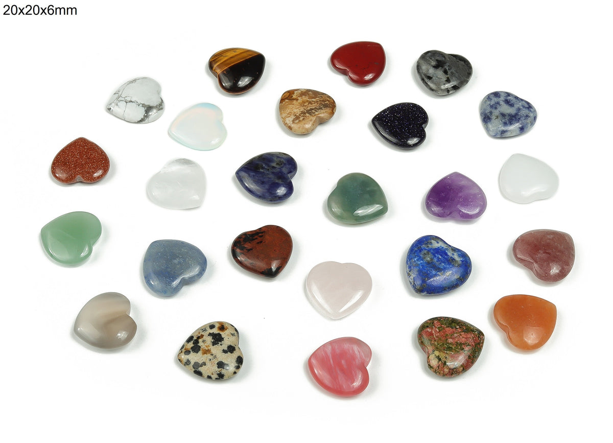 Assorted gemstone crystals in a Crystal Mystery Box Gift Heart Carving, featuring 10 random crystals from GemstoneGO.