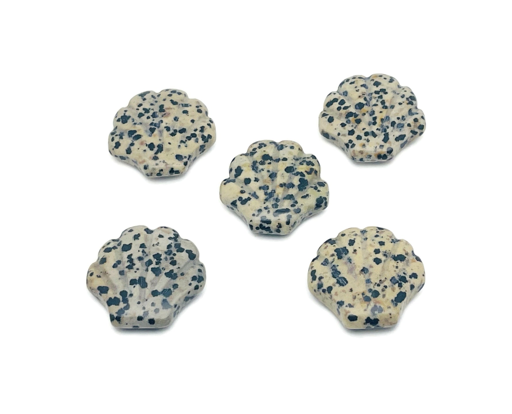 Dalmatian Jasper sea shell carving gemstone, 30mm, showcasing natural black spots on a cream background, from GemstoneGO.