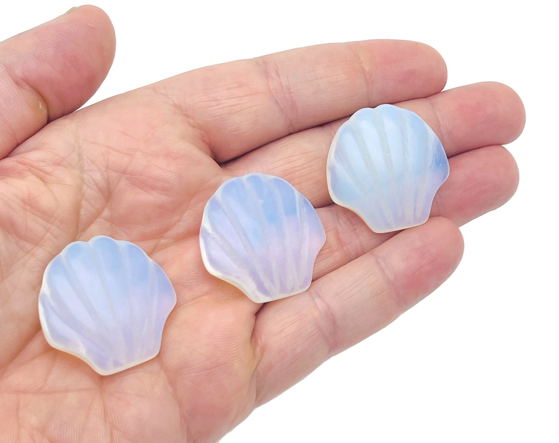 Opalite sea shell carving gemstone, 30mm, from GemstoneGO, showcasing a smooth, polished shell design with vibrant iridescent hues.