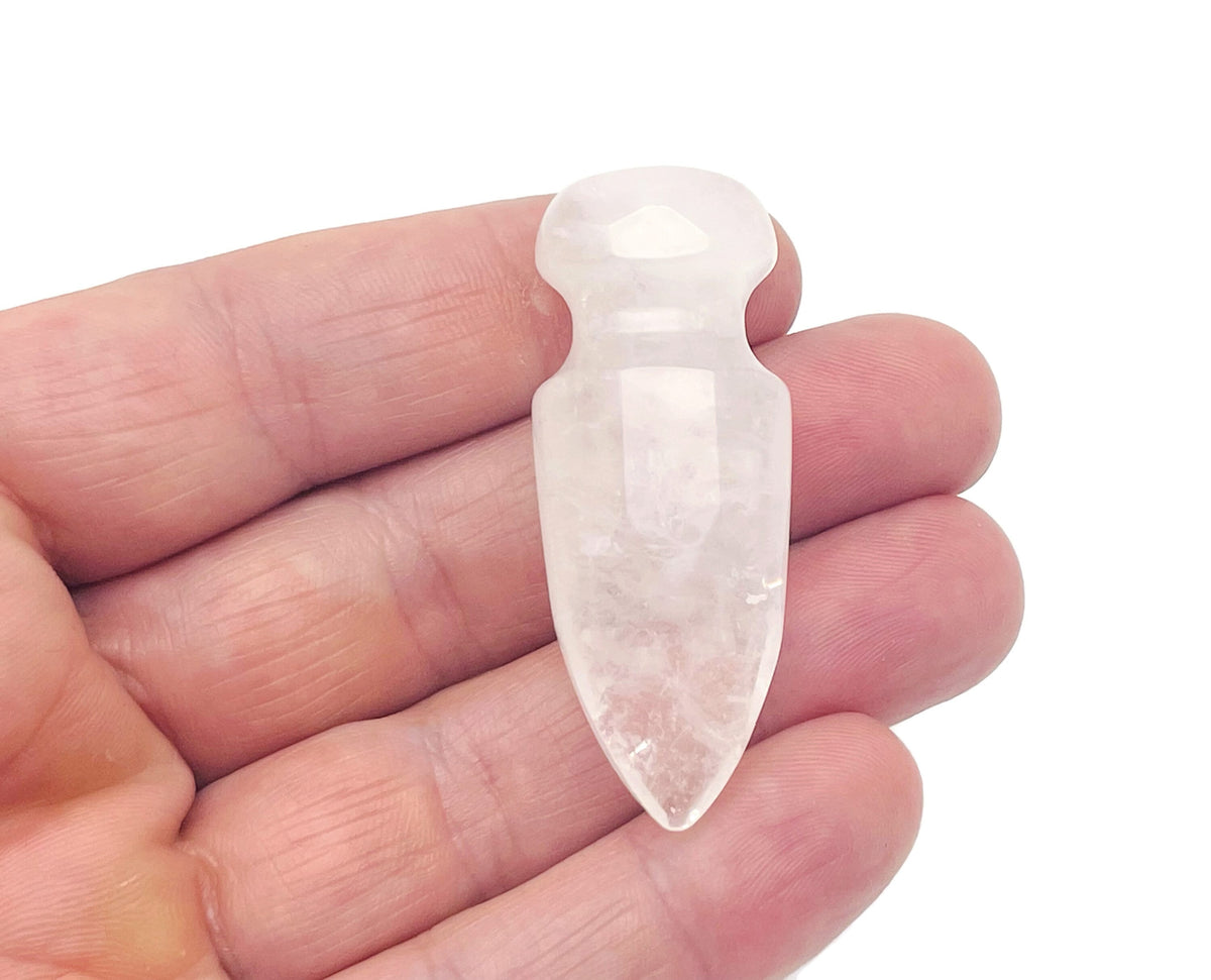 Clear quartz sword dagger gemstone carved with intricate details, measuring 50mm, from GemstoneGO.