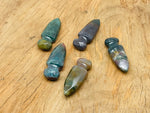 Moss Agate sword dagger carved gemstone pendant, 50mm size, with intricate natural patterns and detailed craftsmanship.