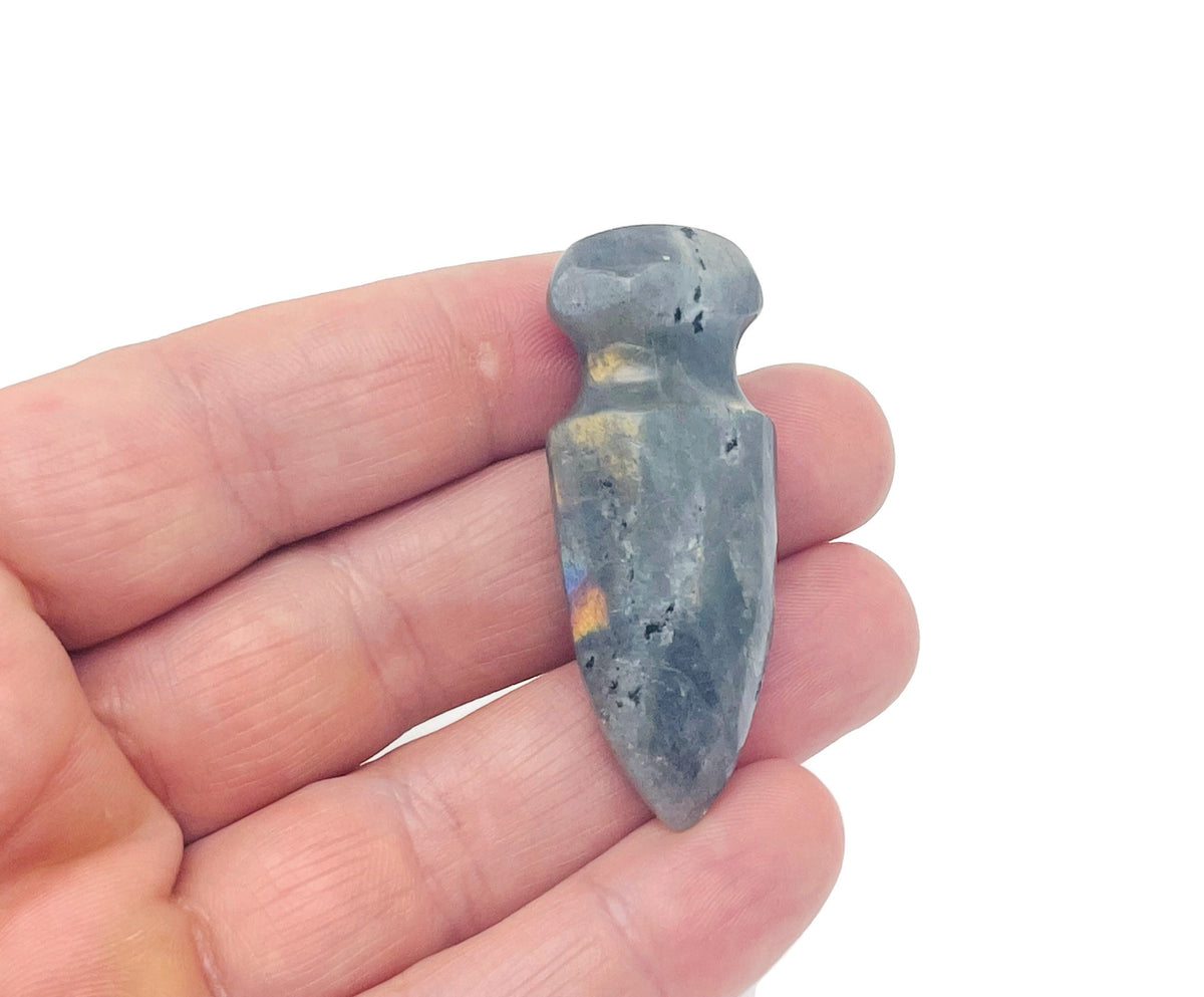 Labradorite sword-shaped carved gemstone dagger pendant, 50mm, featuring iridescent blue and green flashes, from GemstoneGO.