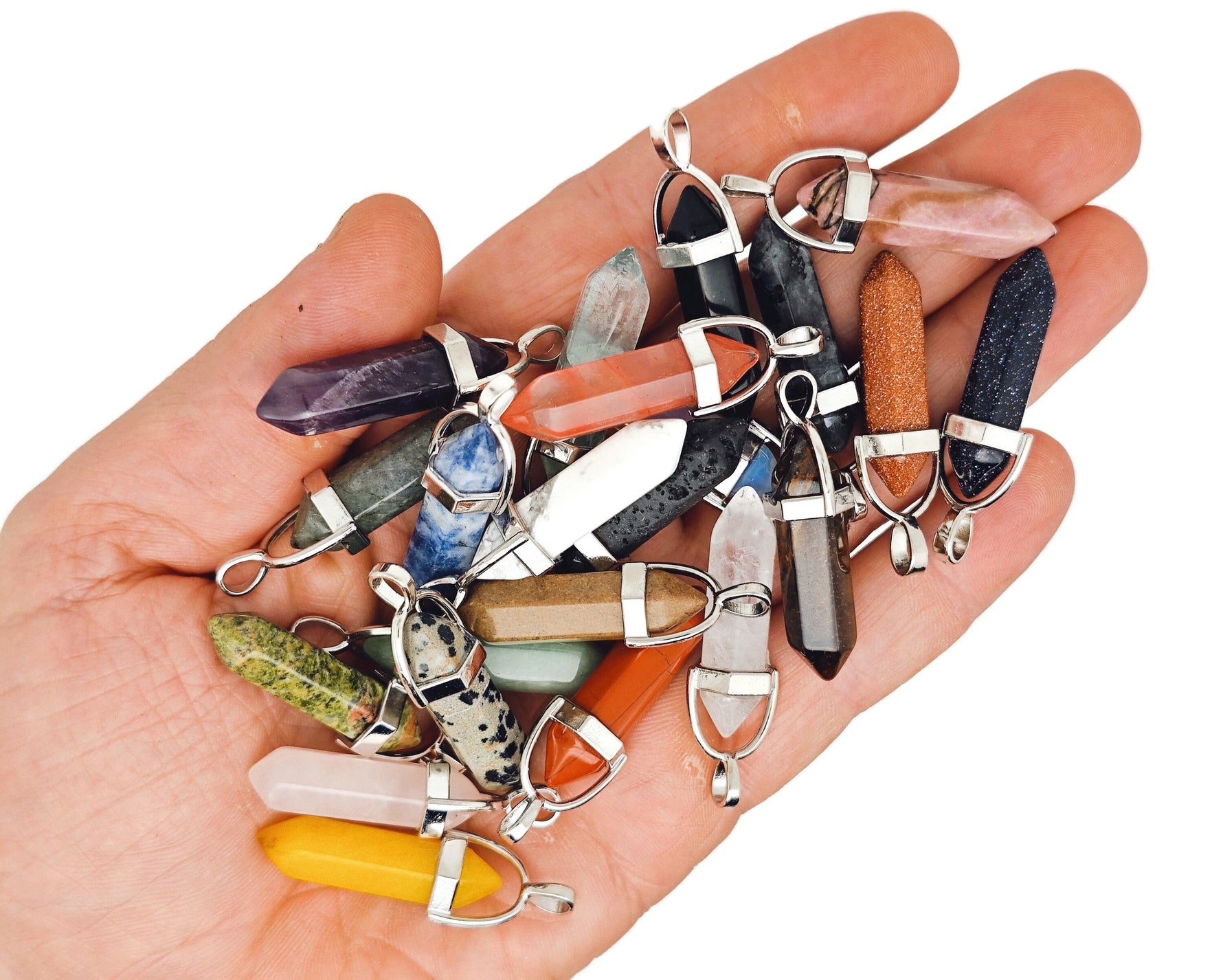 Set of 10 gemstone point pendants with carved crystal shapes from GemstoneGO, featuring a variety of colorful gemstones.