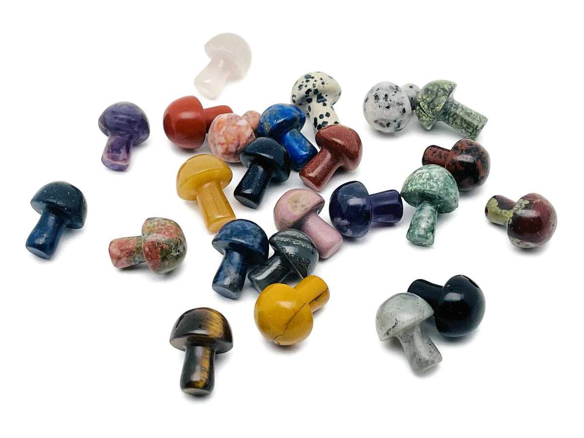 Set of 10 crystal mushroom carvings from GemstoneGO's Crystal Mystery Box Gift Kit, ideal for healing and crystal collection.