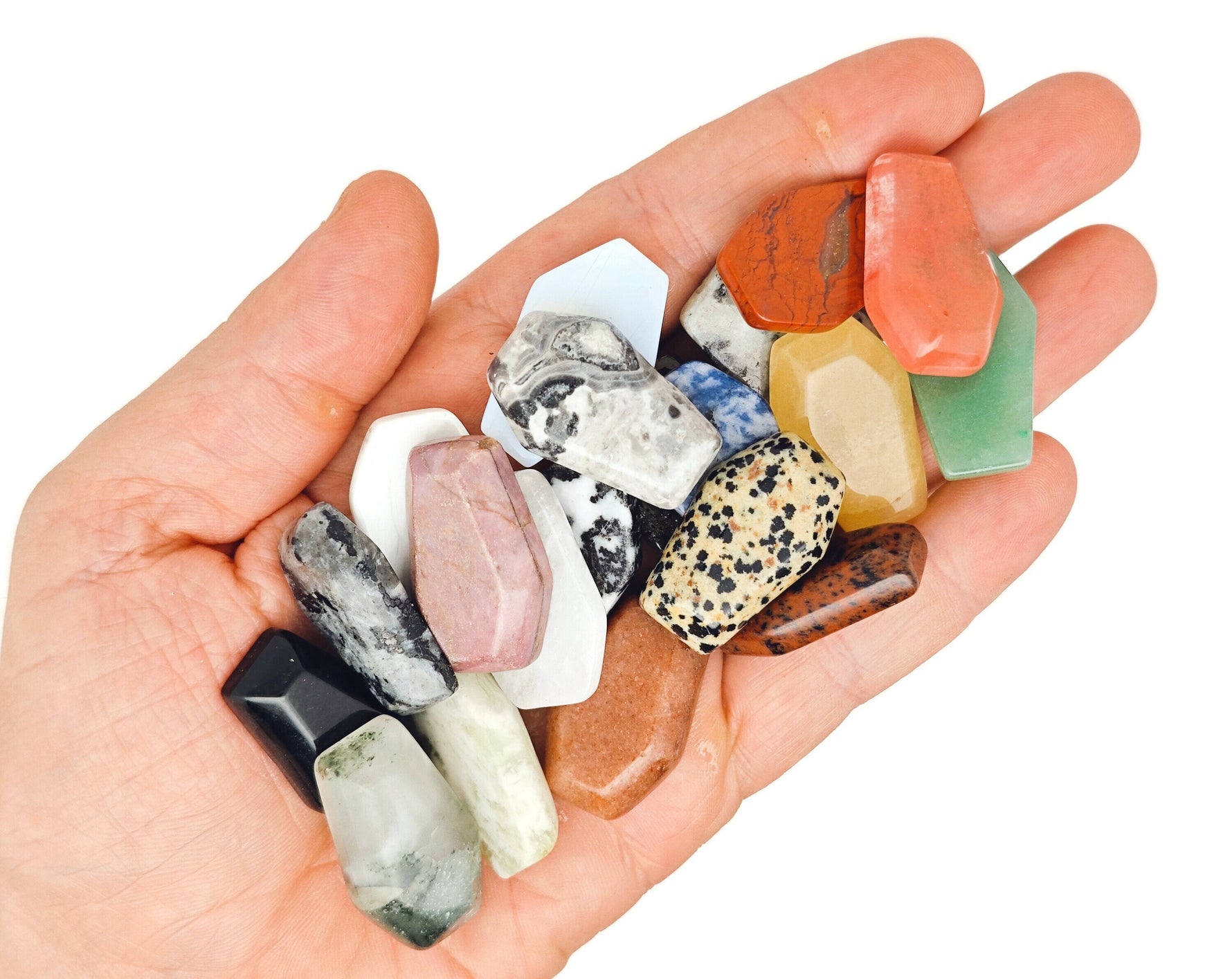 10-piece gemstone crystal mystery box from GemstoneGO featuring carved coffin-shaped gemstones for healing and gift purposes.