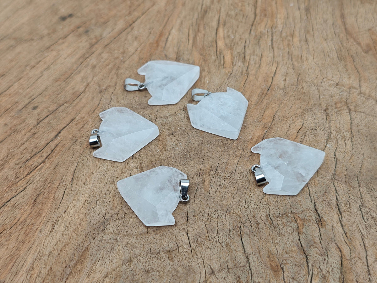 Clear Quartz Wolf Head Pendant from GemstoneGO, featuring a detailed wolf design in transparent gemstone crystal jewelry.