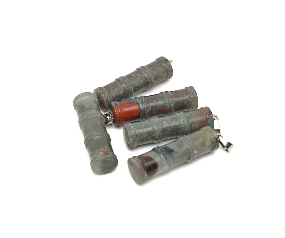 African Bloodstone bamboo-shaped crystal pendant with protective energy, featuring a polished bloodstone gemstone from GemstoneGO.