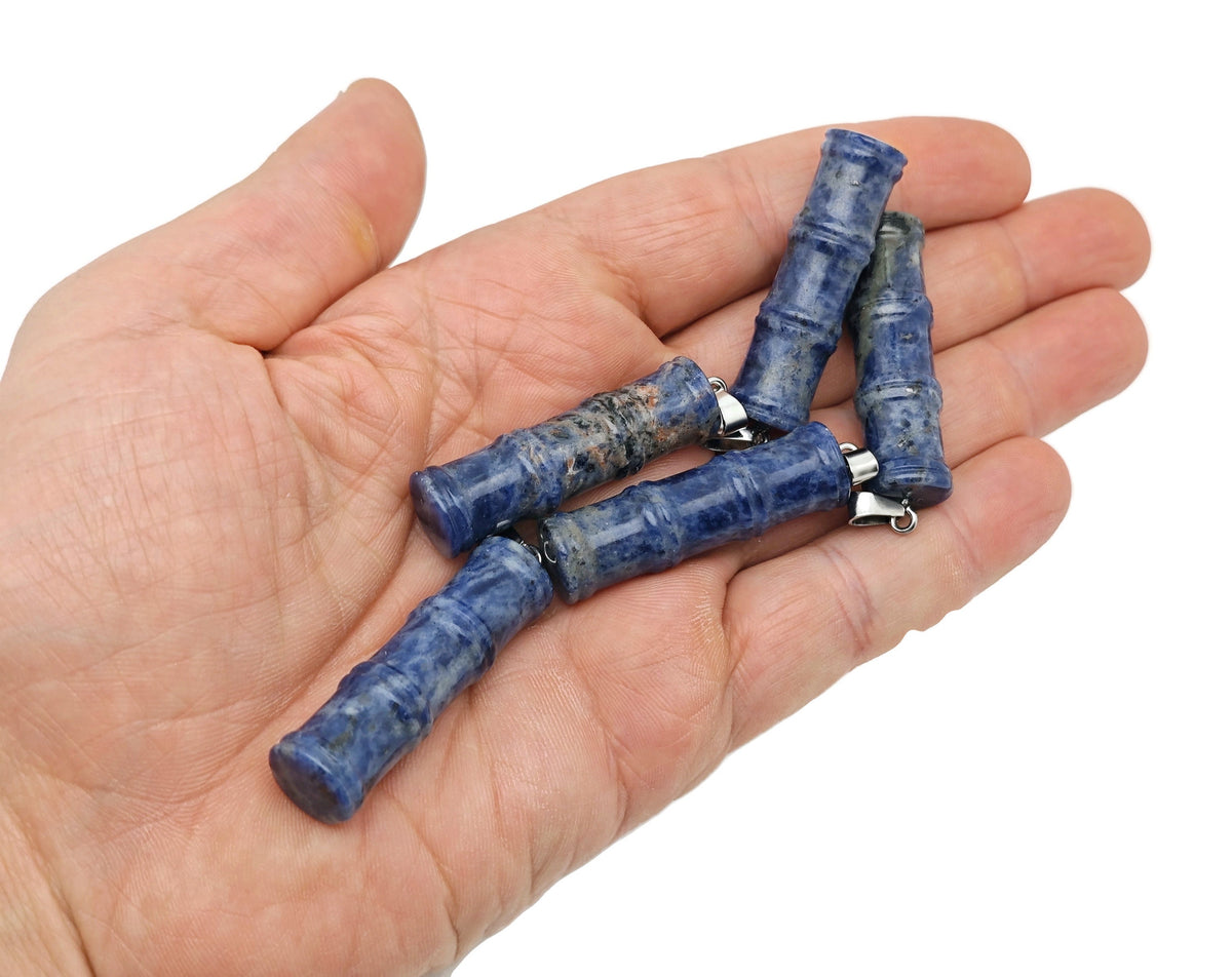 Sodalite bamboo shape crystal pendant from GemstoneGO, featuring a protective blue mineral gemstone jewelry piece.