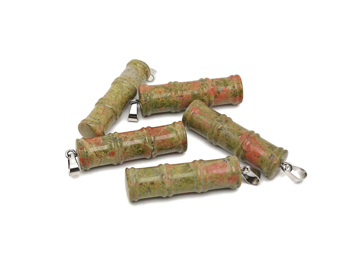 Unakite bamboo-shaped crystal pendant from GemstoneGO, featuring protective unakite stone with natural green and pink hues.