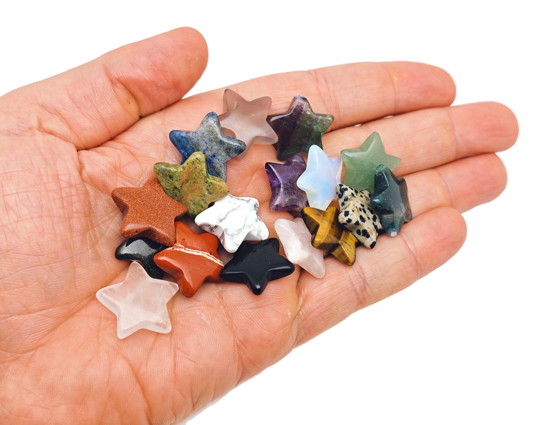 10-piece Crystal Mystery Box Gift by GemstoneGO with assorted healing crystals in a colorful display.