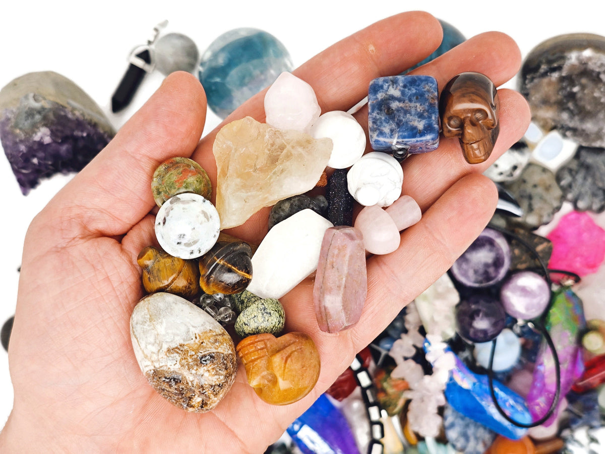Crystal Mystery Box Gift by GemstoneGO featuring a crystal confetti scoop and healing crystals in a colorful kit display.