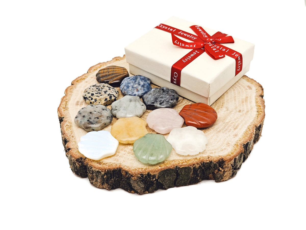 Seven gemstone crystal mystery box featuring sea shell carvings and assorted gemstones from GemstoneGO, perfect for crystal collectors.