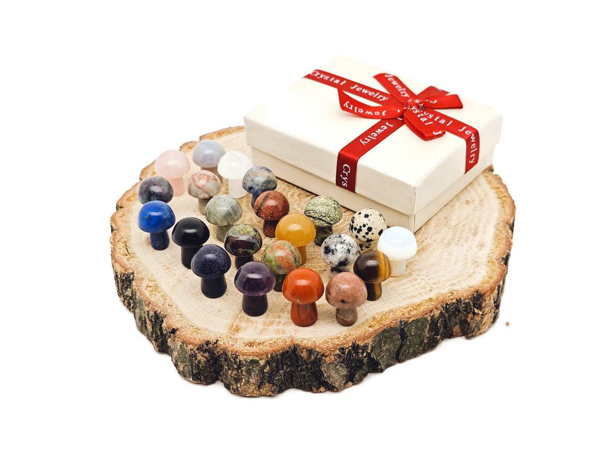 Ten-piece Crystal Mystery Box Gift set featuring mushroom carvings for healing and crystal collection by GemstoneGO.