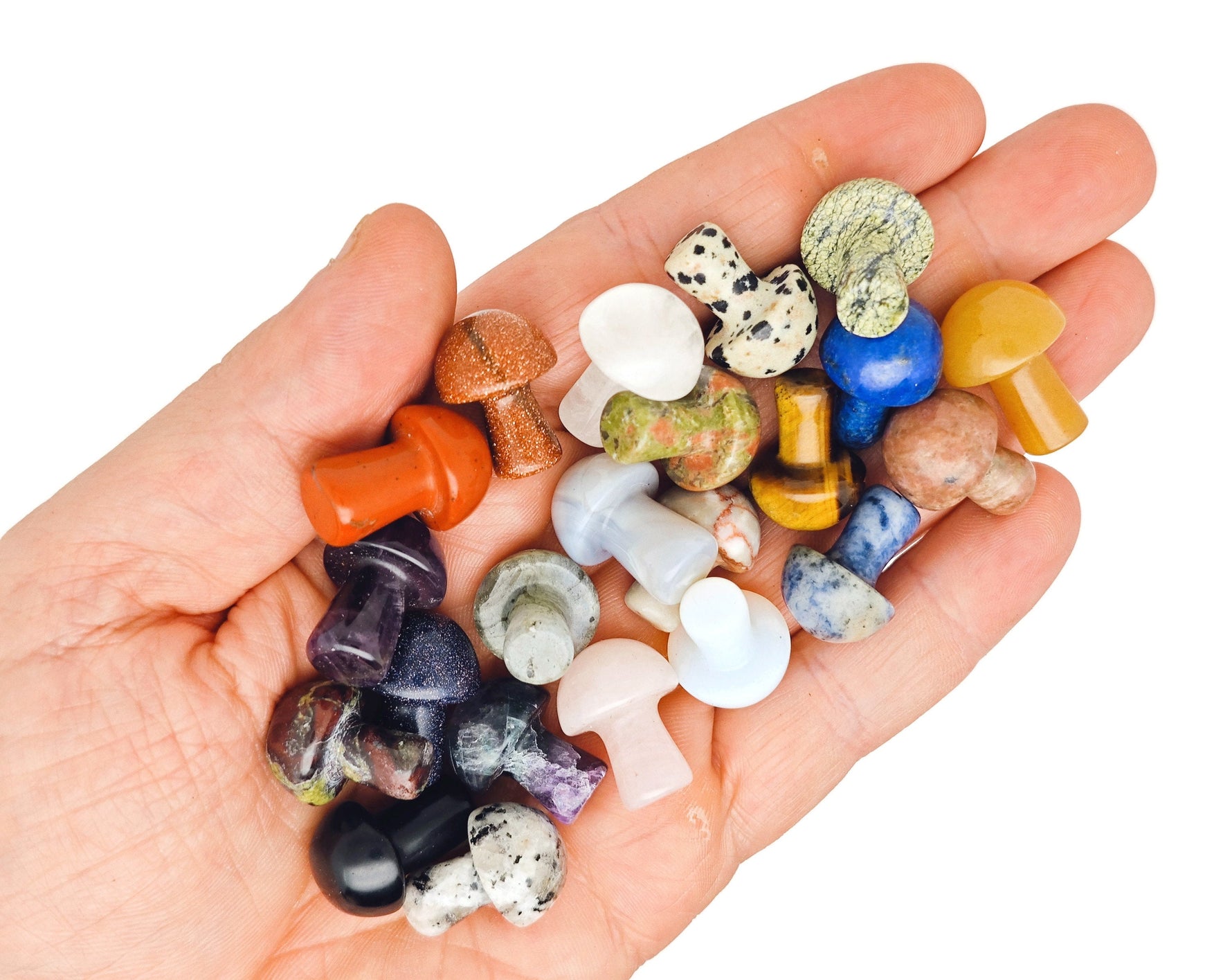 Set of 10 randomly selected crystal mushroom carvings from GemstoneGO Crystal Mystery Box Gift kit, ideal for crystal healing.