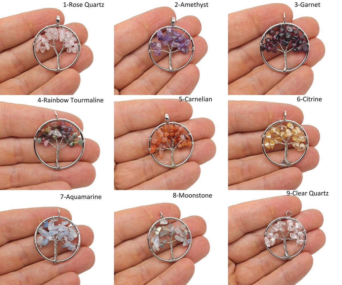 Handmade Tree of Life gemstone pendant featuring colorful crystals, showcasing intricate crystal tree jewelry for healing and decorative use.