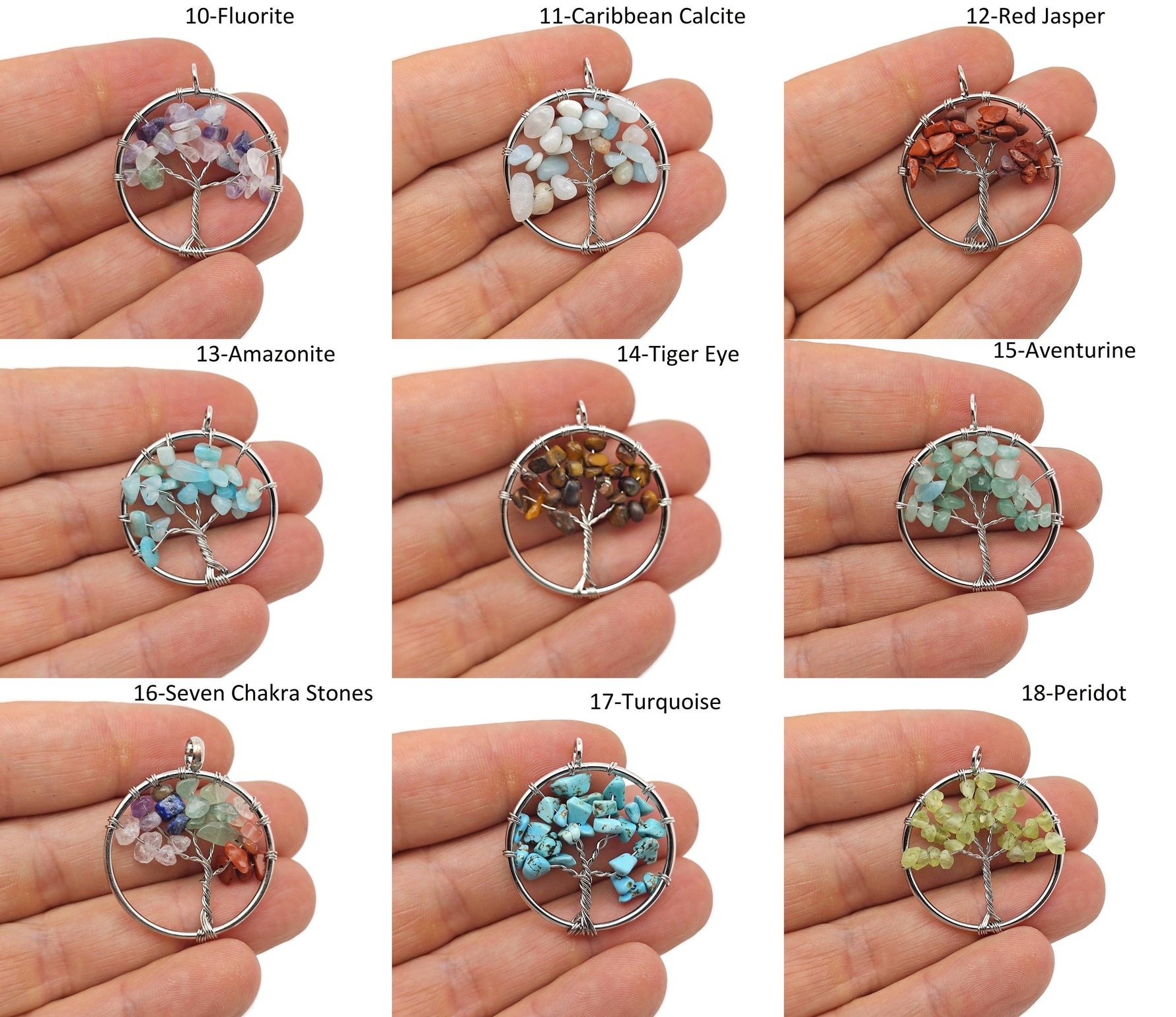 Handmade Tree of Life gemstone pendant with colorful crystals, showcasing intricate crystal tree jewelry for healing and spiritual energy.