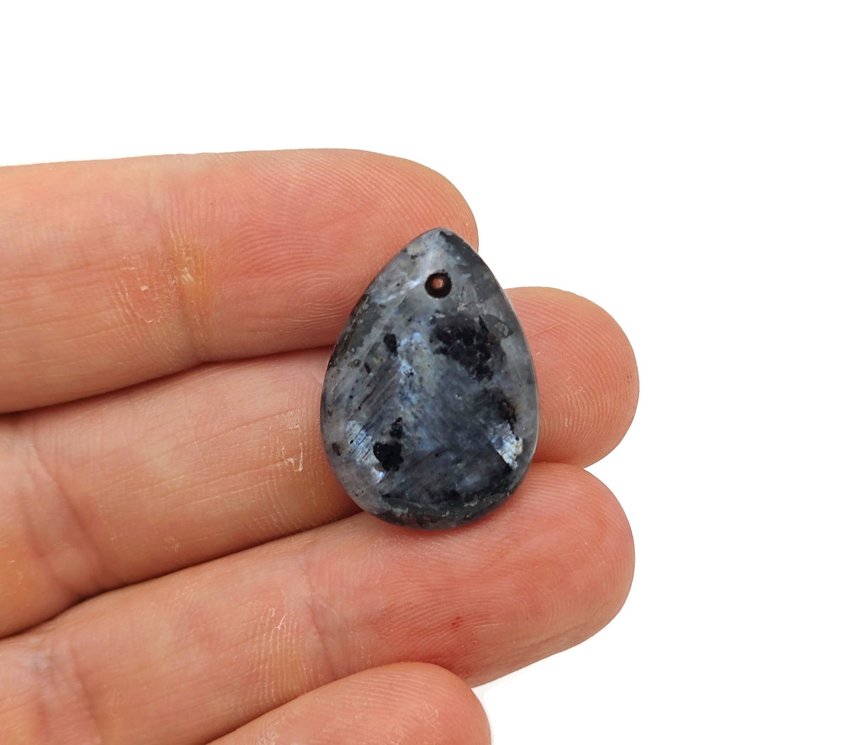 Larvikite dainty drop crystal pendant for DIY jewelry making, featuring a polished gemstone with subtle blue and gray tones.