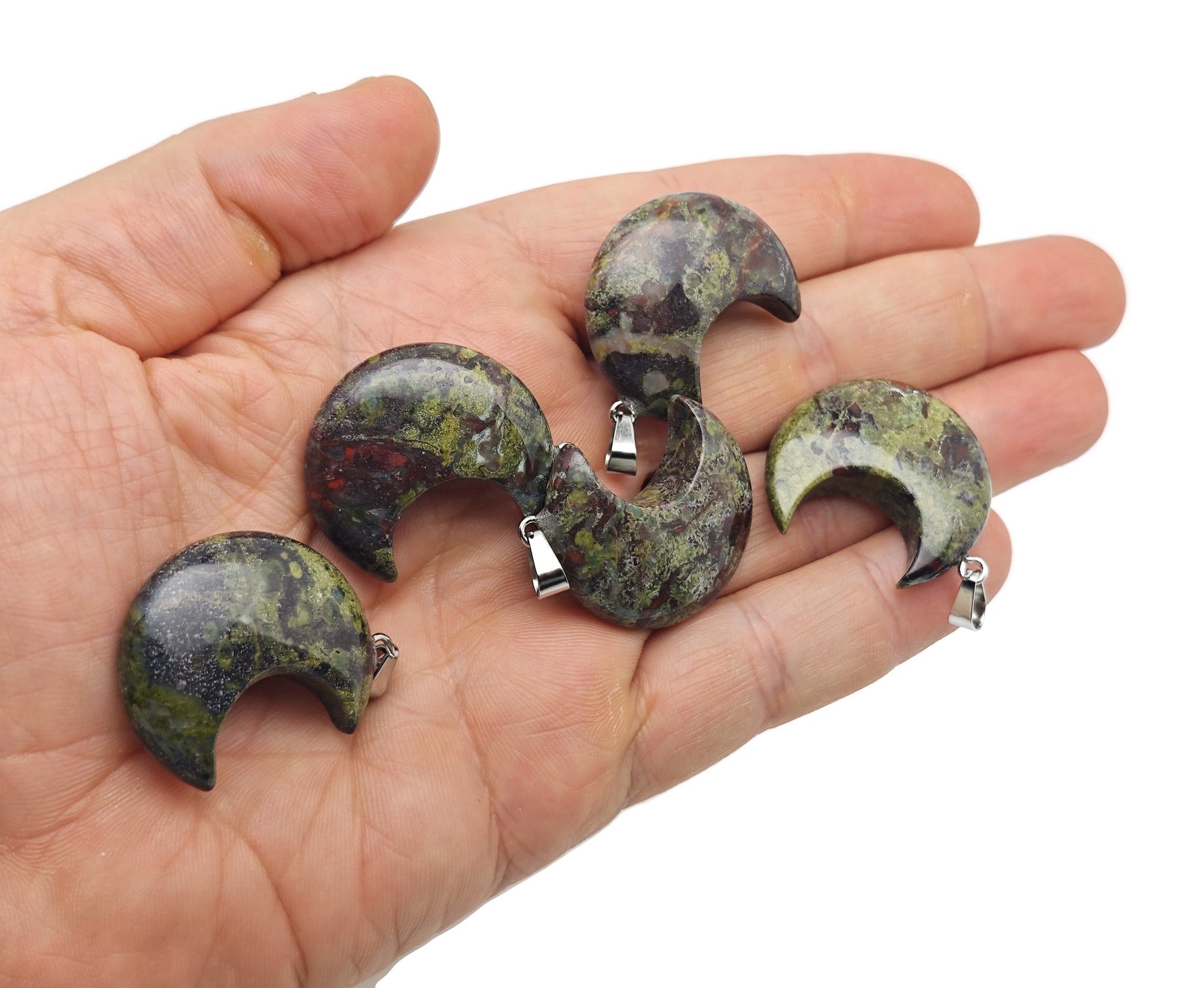 Dragon Blood Jasper moon gemstone pendant featuring a crescent moon design by GemstoneGO, showcasing rich red and brown hues.