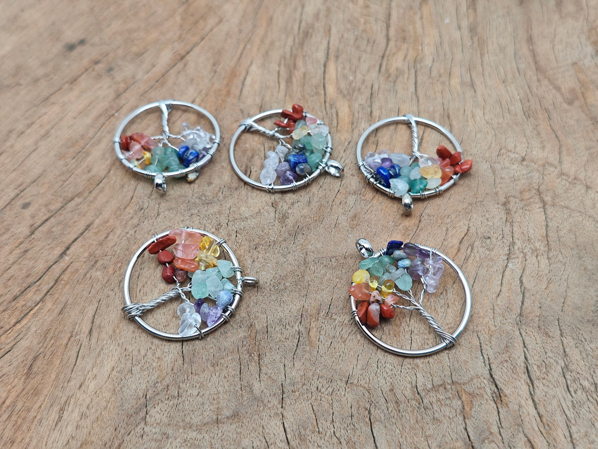 Seven chakra tree of life gemstone pendant with colorful stones and intricate metalwork, designed for spiritual jewelry.